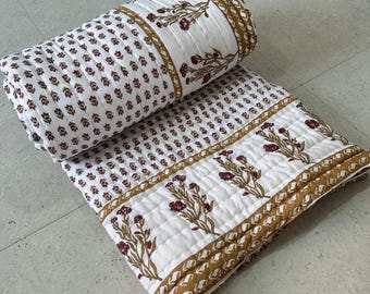 Hand Block Print Indian Cotton Quilt – Maroon Mustard Floral Jaipuri Razai, Reversible Bedspreads
