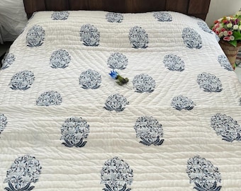Blue Floral Hand Block Print Quilt: Indian Cotton Comfort
