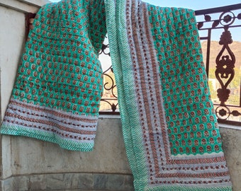 Hand Block Print Cotton Quilt: Green Floral Bohemian Comforter
