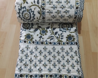 Hand Block Print Cotton Quilt: Jaipuri Floral Queen Size Razai