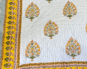 Hand Block Print Cotton Quilt: Yellow & Green Floral, Hand Stitched