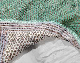Hand Block Print Cotton Quilt: Green & Orange Reversible Blanket