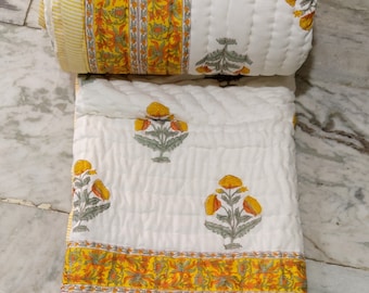 Hand Block Printed Cotton Quilt: Jaipuri Floral Kantha, Lightweight Comforter