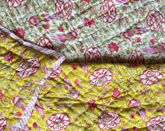 Handcrafted Jaipur Cotton Quilt | Double-Sided Floral Block Print Bedding