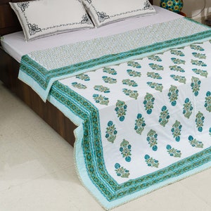 Hand Block Print Indian Traditional Ethnic Handmade Cotton Light Weight Soft Reversible Quilt Razai Throw Natural Floral Printed Blanket