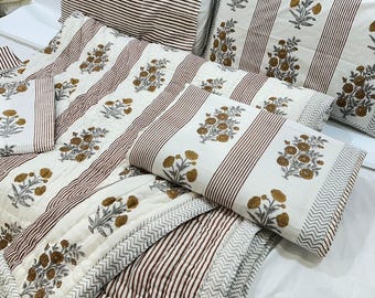 Handmade Floral Cotton Quilt: Brown Butta Print Luxury Bedding