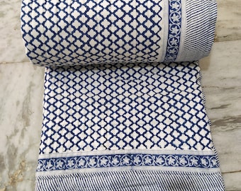 Blue Bohemian Block Print Cotton Quilt, Twin Size Handmade Bed Cover