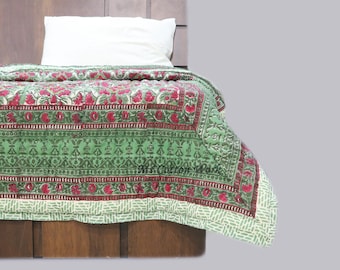 Hand Block Printed Cotton Quilt: Floral Jaal Handmade Bedspread
