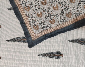 Hand Block Print Floral Quilted Cotton Bedspread, Handmade Queen Quilt
