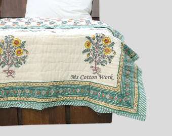 Floral Butta Cotton Quilt: Hand Block Print Bedspread