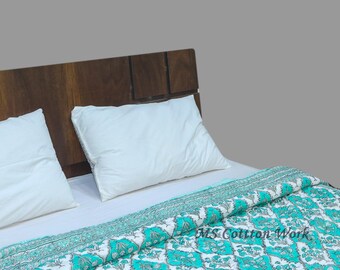 Hand Block Print Cotton Quilt: Reversible Floral Bedspread