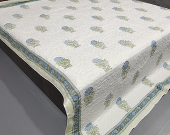 Hand Block Print Cotton Quilt, Lightweight Floral Bedspread