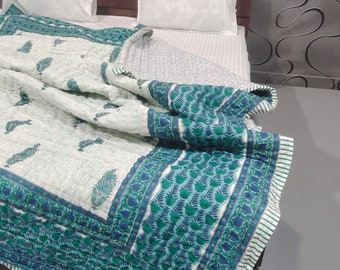 New US Bed Size Hand Block Printed Cotton Quilt: Floral White Blanket Bedspread