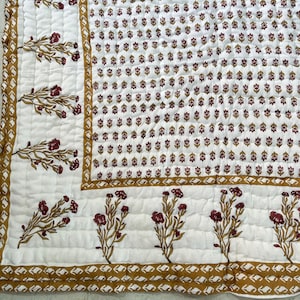 Hand Block Printed Brown Floral Cotton Quilt – Reversible Jaipuri Razai, Queen Size Bedding, Lightweight & Cozy