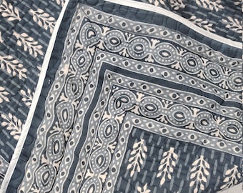 Blue Cotton Queen Quilt: Reversible Hand Block Print Blanket (90"x108")