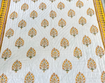 Hand Block Print Cotton Quilt – Yellow Floral Razai, Indian Artisan Bedspread Home Decor