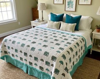Elephant Block Print Quilt, Queen Reversible Cotton Blanket