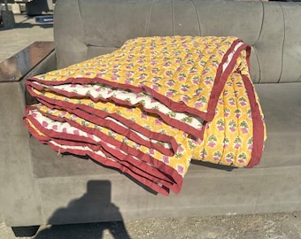 Hand Block Printed Cotton Quilt: Reversible Jaipuri Queen Bedding