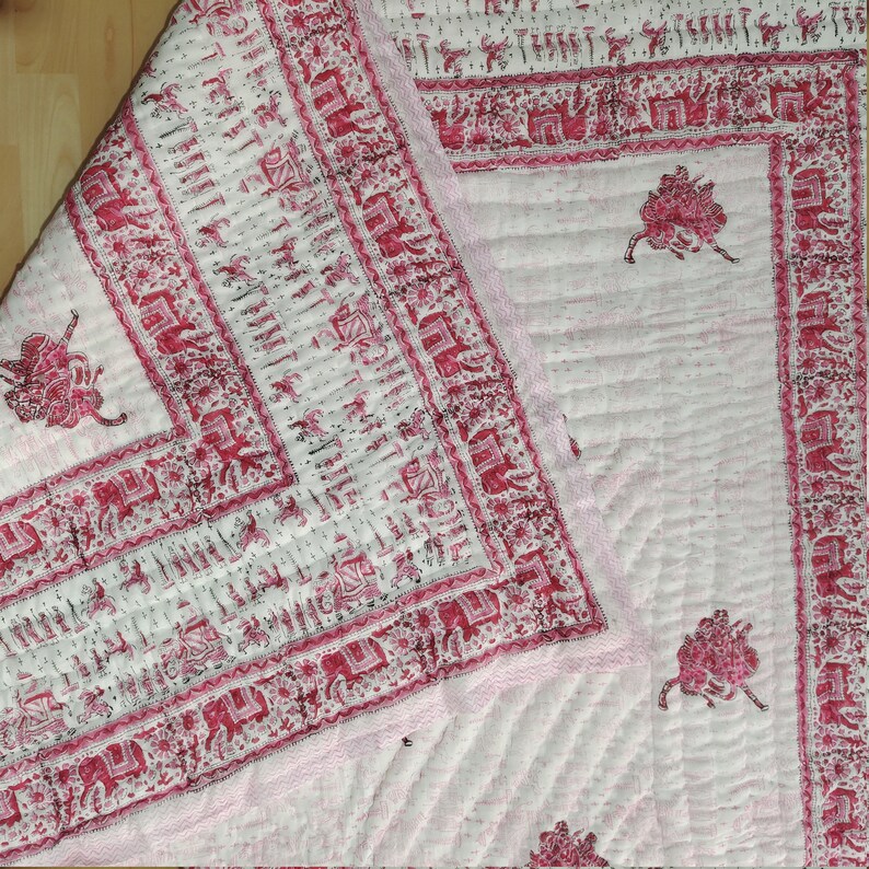 Indian Handmade Queen Hand Block Printed Reversible Cotton Quilt, Bedspread, Bed cover, Bohemian Bedspread, Boho Quilt,