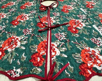 Hand Block Printed Christmas Tree Skirt: 52" Floral Cotton Holiday Decor