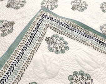 Floral Hand Block Print Cotton Quilt: Reversible Queen Size Bed Cover