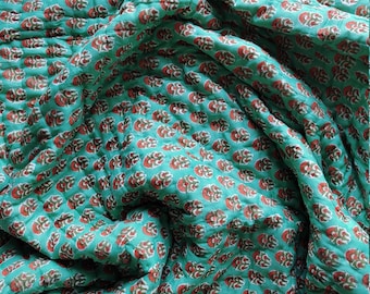 Hand Block Print Cotton Quilt: Green & Orange Reversible Blanket