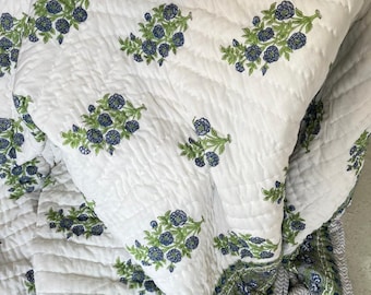 Handmade Cotton Quilt: Blue & Green Floral Block Print, Double Sided Block Printed