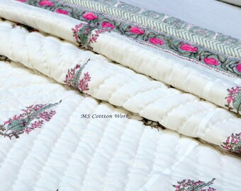 White Hand Block Printed Cotton Quilt: Reversible Floral Indian Bedding