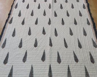 Hand Block Print Cotton Quilt: Grey Leaf Tree Design, Reversible Bedding Blanket