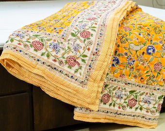 Hand Block Printed Cotton Quilt: Sunshine Blooms Yellow Floral Bedding