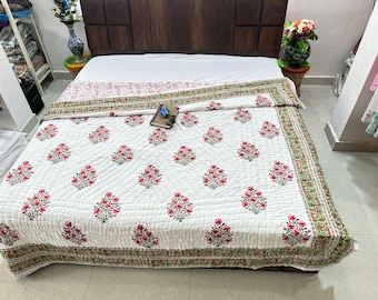 Handmade Jaipuri Block Print Cotton Quilt - Reversible Floral Queen Bedding