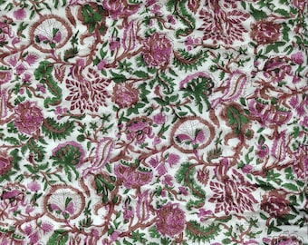 Hand Block Print Cotton Quilt: Purple & Green Floral Bagru Blanket