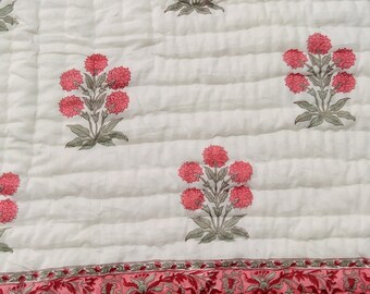 Hand Block Print Cotton Quilt: Paisley Kantha Bedspread