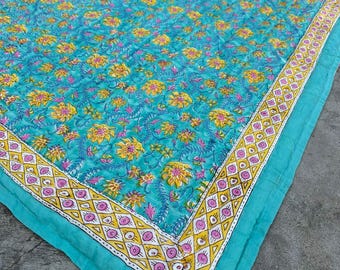 New Hand Block Printed Cotton Quilt: Green & Blue Floral Bedspreads