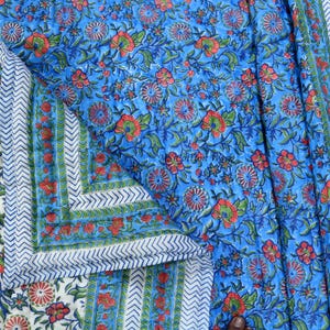 May include: A blue floral quilt with red and green accents. The quilt features a repeating pattern of flowers and leaves on a blue background. The border has a white and blue chevron design.