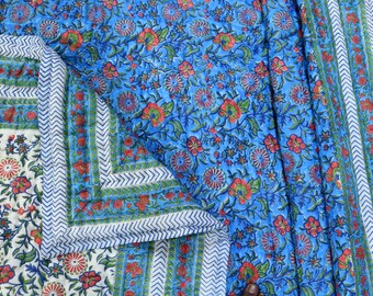 Vibrant Blue Hand Block Print Floral Cotton Quilt – Lightweight Jaipuri Bedding Blanket