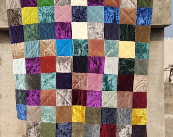 Patchwork Velvet Cotton Queen Quilt: Hand Stitched Block Print