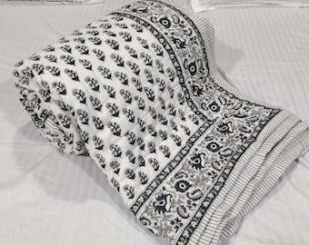 Hand Block Print Cotton Quilt: Floral Queen Size Bedding (90x108 inches)