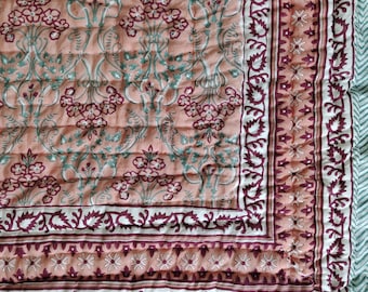 Handmade Queen Cotton Quilt: Reversible Hand Block Print Bedspread