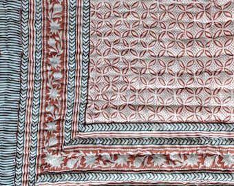 Hand Block Print Quilt: Queen Size Cotton Bed Cover