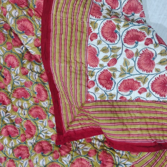 Red Floral Hand Block Printed Cotton Kantha Throw - Double bed Size Red Floral Hand Block Printed Cotton Kantha Throw - Double bed Size