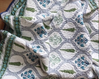 Floral Tree Print Quilt: Hand Block Printed Reversible Boho Bedding (90x109)