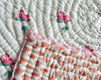 Hand Block Print Baby Quilt: Mermaid Design Cotton Mulmul Blanket