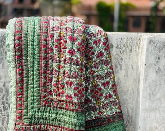 Hand Block Print Cotton Quilt - Teal and Magenta Floral Reversible Blanket - Jaipuri Razai Indian Bedspread - Lightweight Summer Throw