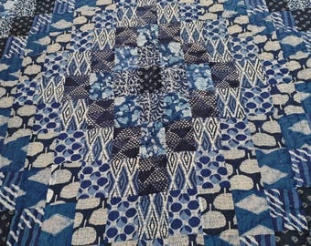 Hand Block Printed Botanical Quilt, Blue Floral Kantha Throw, Reversible Cotton Bedspread