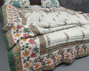 Floral Block Print Cotton Quilt: Reversible Indian Bed Cover