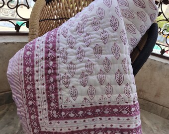 Purple Leaf Hand Block Print Quilt: Reversible Jaipuri Razai