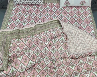 Hand Block Print Cotton Quilt: Queen Size Pink Floral Bedding (90x108)