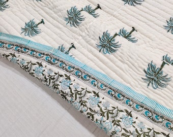 Hand Block Print Cotton Quilt: Palm Tree Design, Jaipuri Quilt