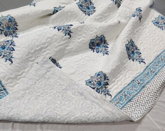 Blue Hand Block Print Quilt: Reversible Indian Bedspread